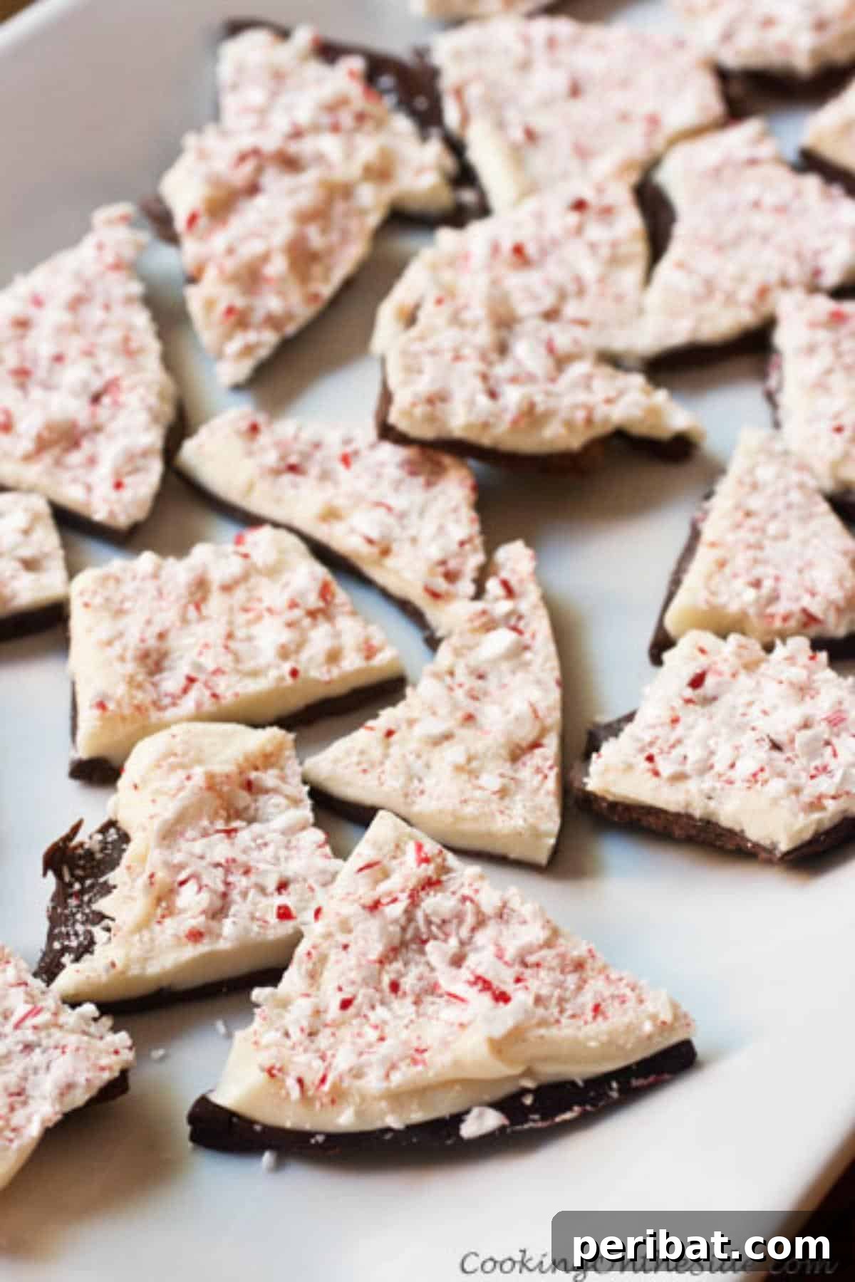 Delicious layers of dark and white chocolate peppermint bark, generously topped with crushed candy canes.