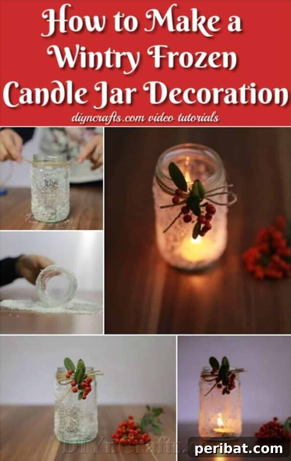 DIY Icy Glow Candle Jars 2 A beautifully crafted wintry frozen candle jar decoration, glowing softly against a blurred background, perfect for adding festive ambiance to any room.