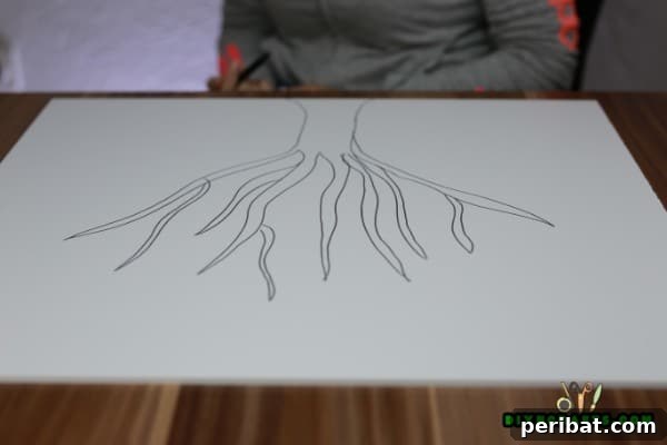 Detailed tree sketch on canvas with marker