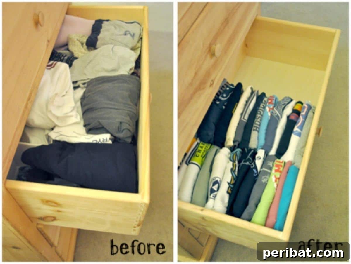DIY T-Shirt Drawer Organization before and after.