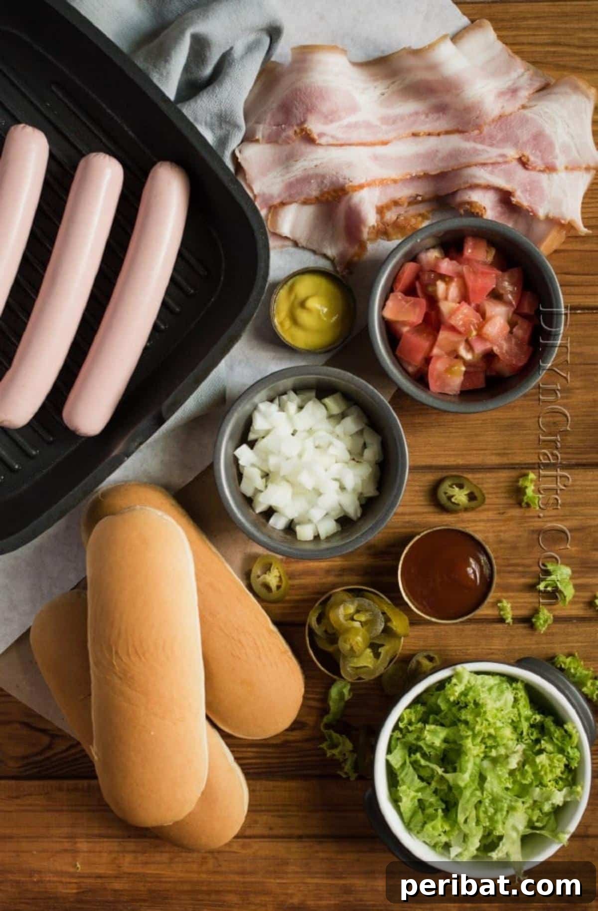 Bacon Wrapped Hot Dog Heaven 3 Ingredients for Bacon Wrapped Hot dog, including hot dogs, bacon, and fresh toppings