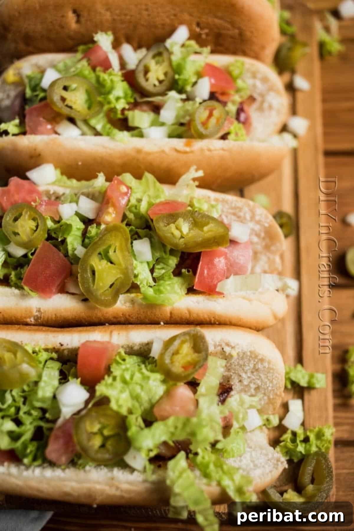 Bacon Wrapped Hot Dog Heaven 5 Adding fresh toppings like shredded lettuce, onions, and jalapenos to bacon-wrapped hot dogs