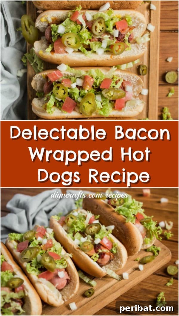 Bacon Wrapped Hot Dogs on a Pinterest graphic