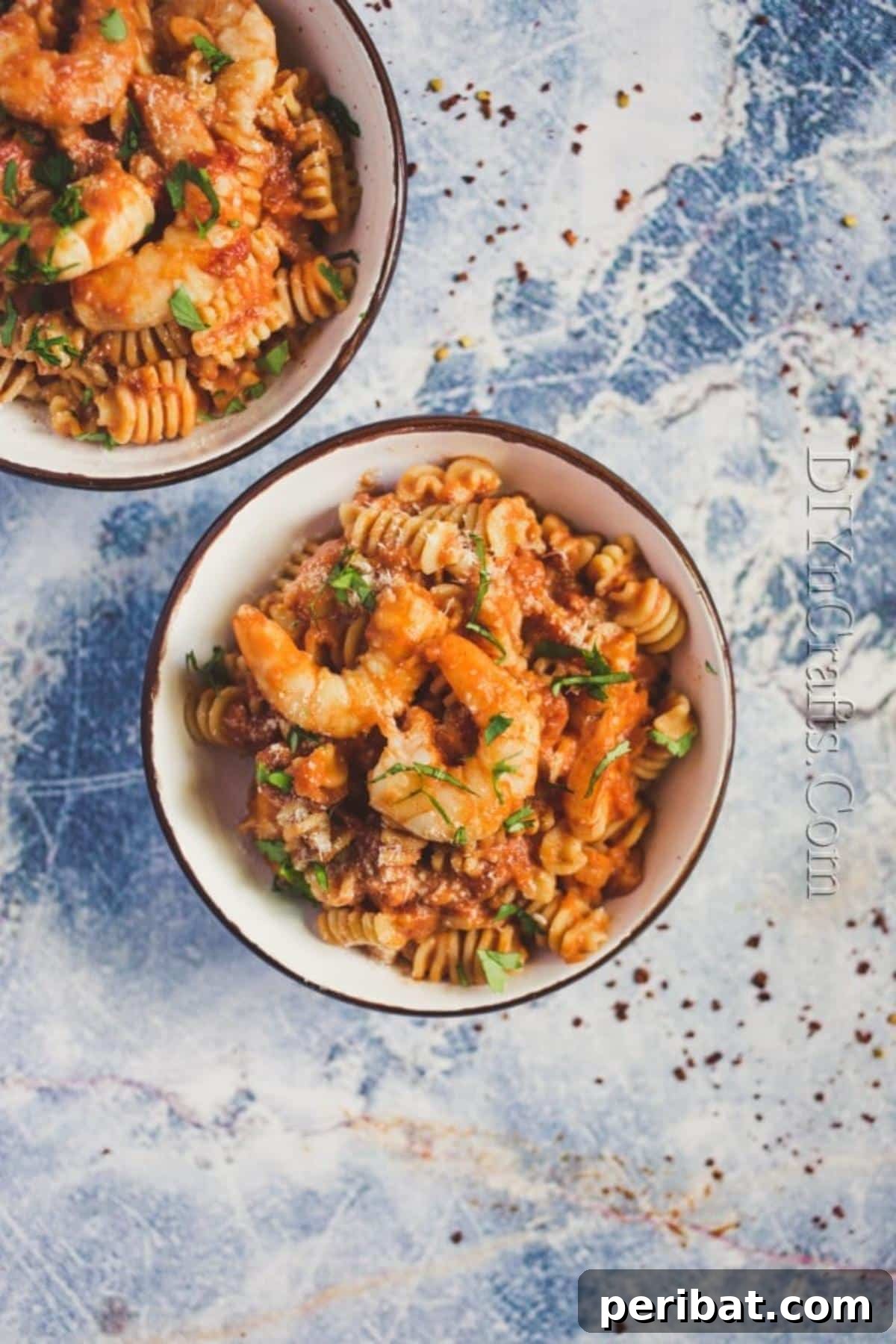 Finished and served Italian shrimp pasta
