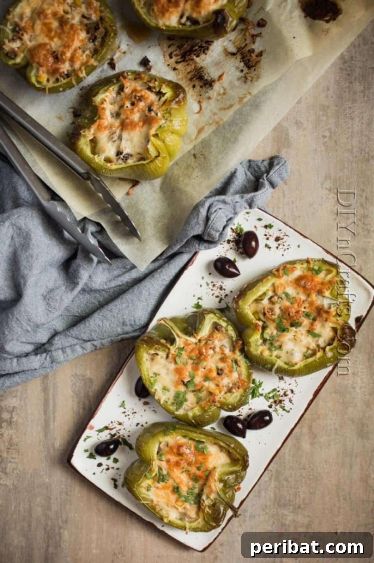 Golden Cheesy Mushroom Cauliflower Stuffed Peppers 8 Finished baked stuffed bell peppers.