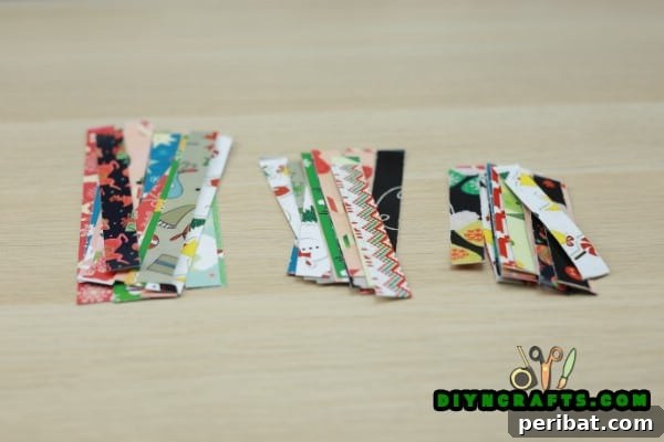 Miniature Cardstock Strip Christmas Tree Craft 11 Pile of cut cardstock strips in various patterns