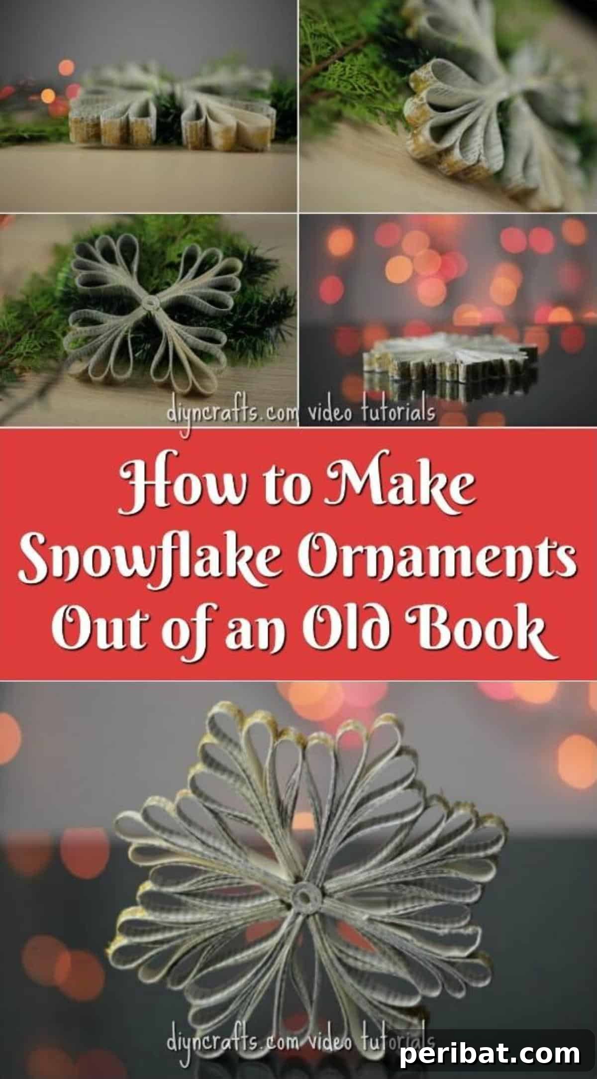 Creative Snowflakes From Vintage Book Pages 2 Delicate paper snowflake ornament crafted from an old book, ready to hang.