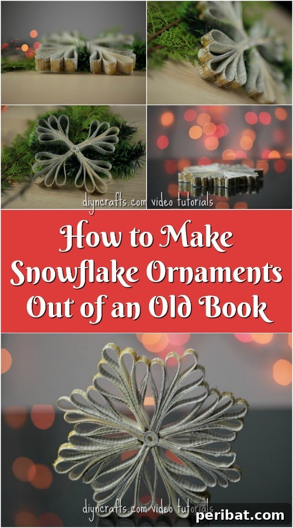 Snowflake ornament made from old book pages, ideal for Pinterest sharing.