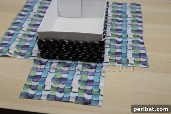 Cardboard Box Makeover: Create a Stylish Storage Basket 11 Cutting the corners out of the fabric rectangle to create flaps.
