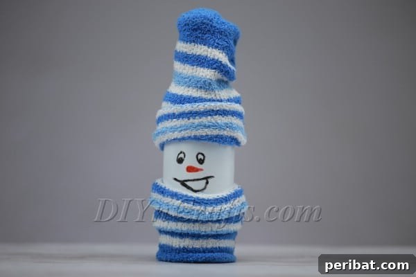 Completed DIY bottle snowman with hat, coat, and painted facial features
