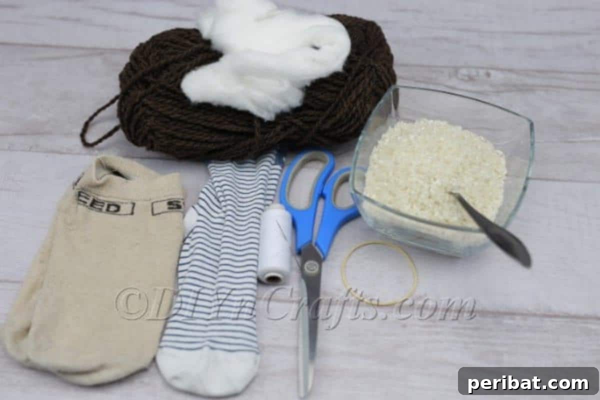 Craft Your Own Scandinavian Rice Sock Gnome 3 Materials laid out on a table for making a sock gnome, including socks, rice, yarn, and scissors
