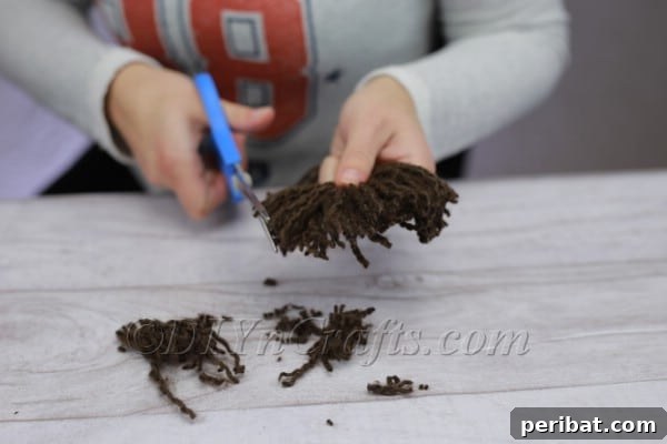 Craft Your Own Scandinavian Rice Sock Gnome 10 Trimming the gnome's beard with scissors to achieve the desired shape and length