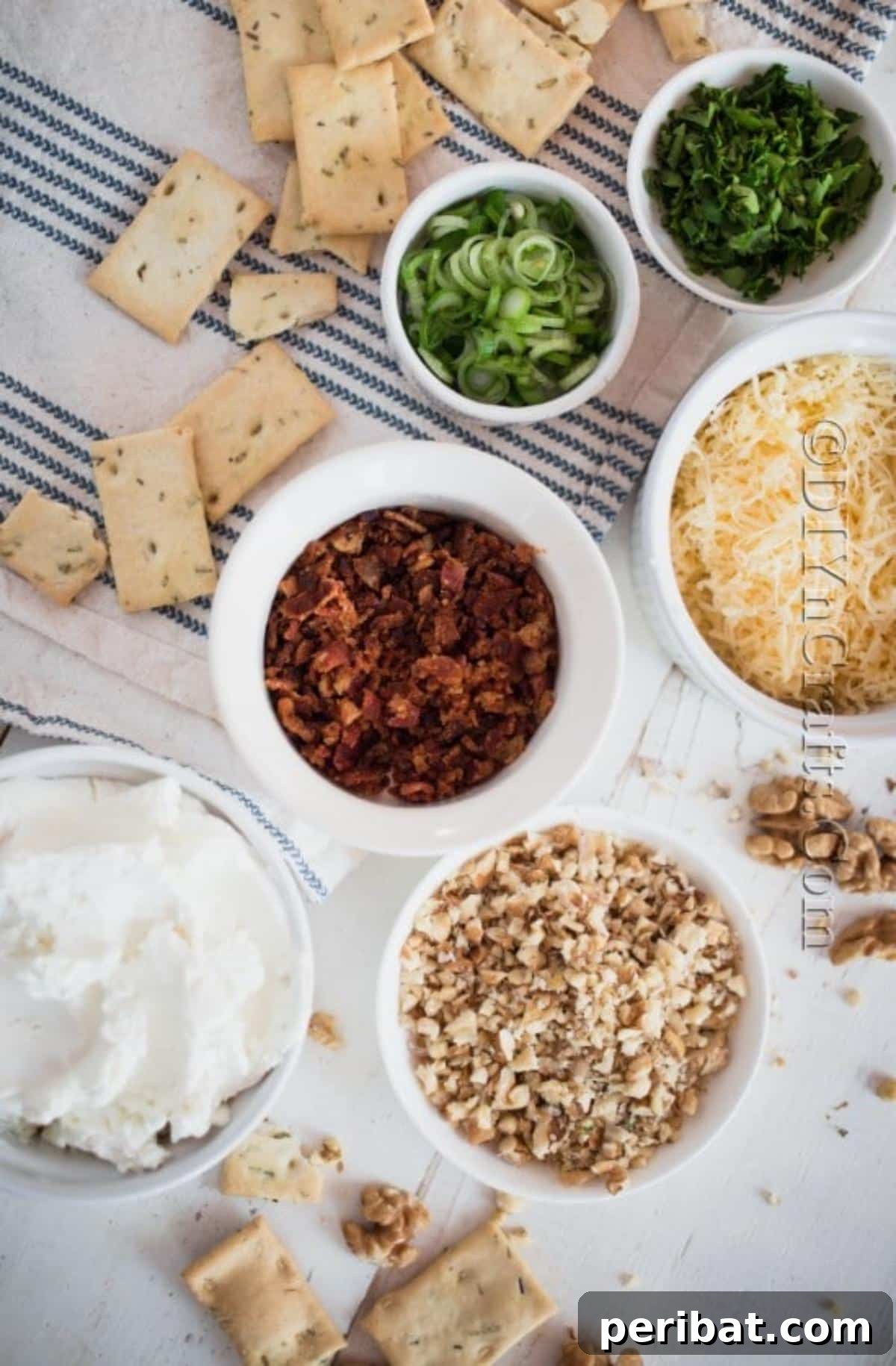 The Ultimate Party Cheese Ball 3 A curated list of fresh ingredients for the homemade cheese ball, including cream cheese, sharp cheddar, bacon, ranch mix, green onions, and walnuts.
