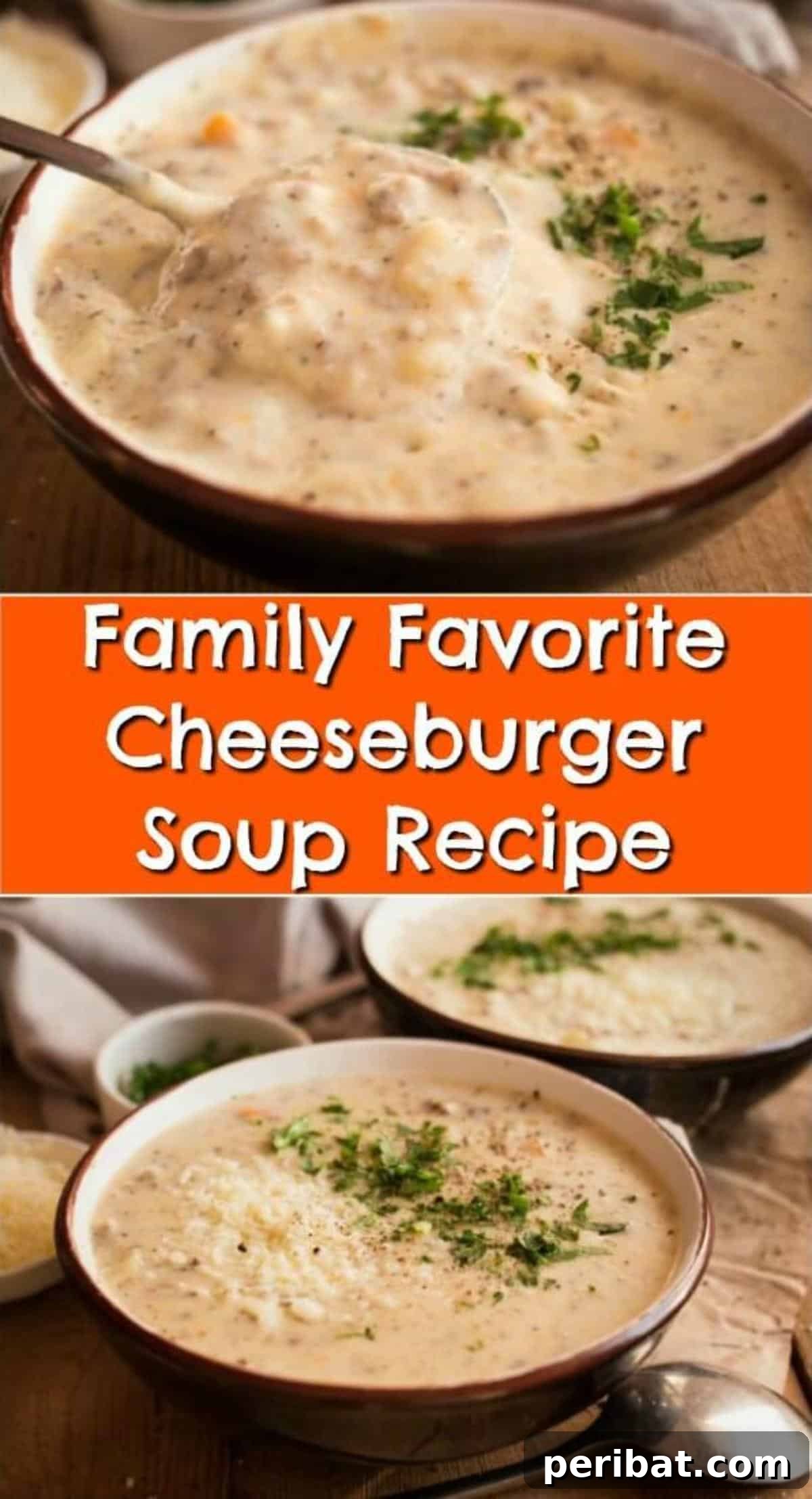 Hearty Family Cheeseburger Soup 2 A delicious bowl of homemade Family Favorite Cheeseburger Soup, garnished and ready to serve.
