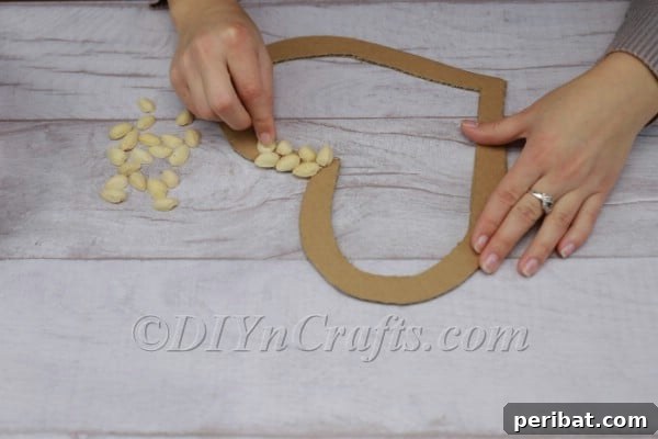 Gluing pistachio shells in rows