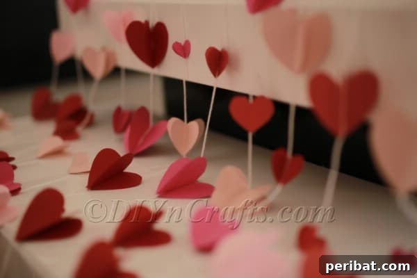 Completed section of paper heart garland