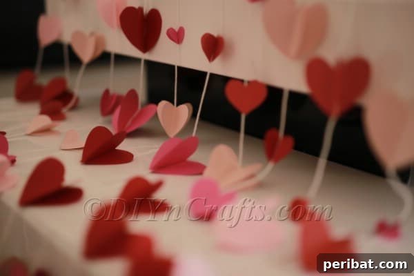 Close-up view of delicate hanging paper hearts