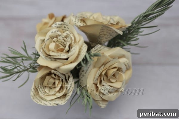 Close-up of the elegant, upcycled paper rose bouquet