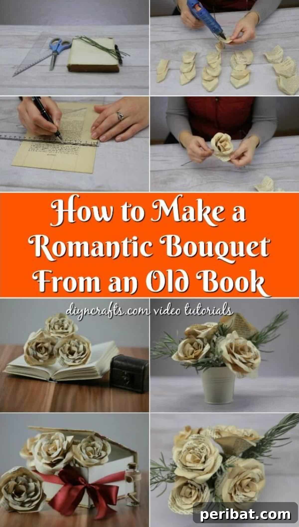 Literary Blooms: Crafting a Heartfelt Book Bouquet 20 How to Make a Romantic Bouquet From an Old Book - Pinterest pin image