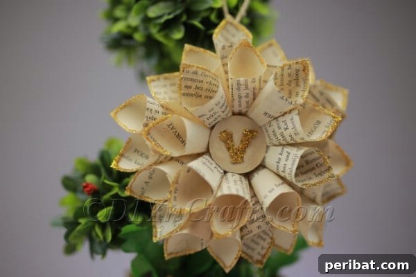 Close-up of the book page flower decoration.