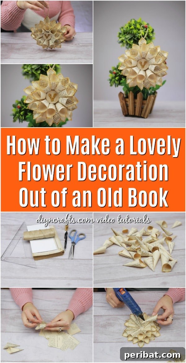Book page flower pin for Pinterest.