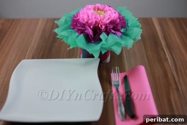 Another view of the finished DIY tissue paper flower