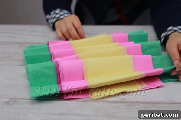 Tissue paper strips folded into an accordion shape