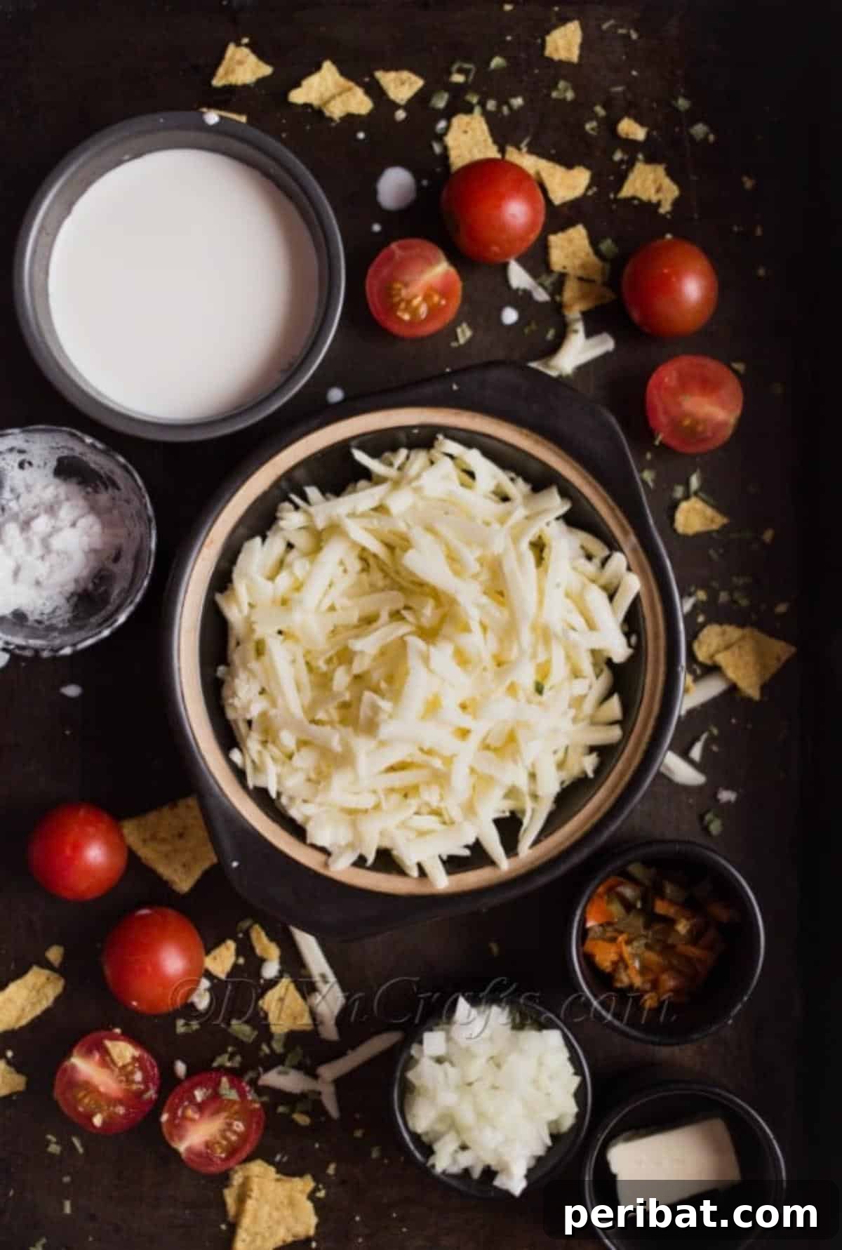 Score Big The Ultimate Game Day Queso 3 Fresh ingredients for homemade queso dip recipe including cheese, jalapeños, and tomatoes.