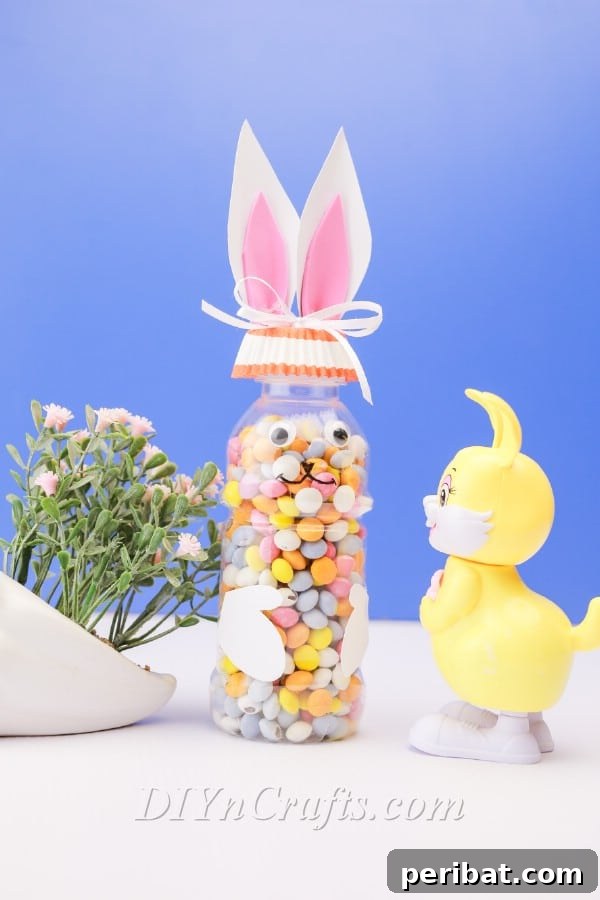 Finished Easter bunny candy bottle filled with treats, ready for gifting