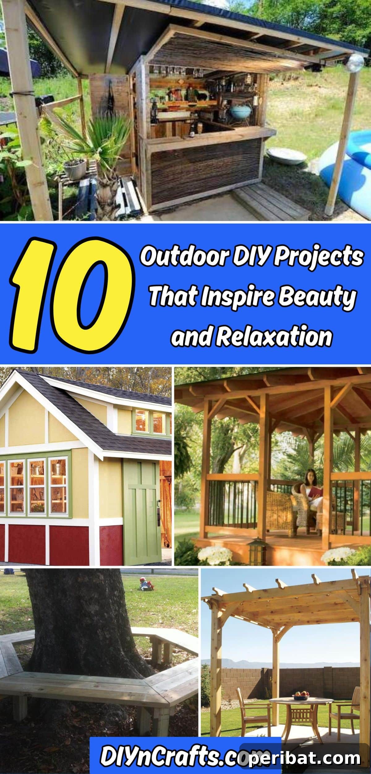 DIY Outdoor Oasis: 10 Projects for Beauty and Bliss 2 A collage of 10 inspiring outdoor DIY projects including a pergola, outdoor kitchen, chaise lounge, and garden features, all contributing to beauty and relaxation.