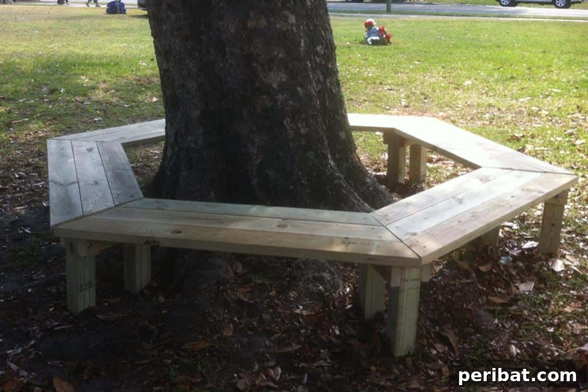 DIY Outdoor Oasis: 10 Projects for Beauty and Bliss 6 A sturdy DIY wrap-around bench built around the base of a large tree in a garden.