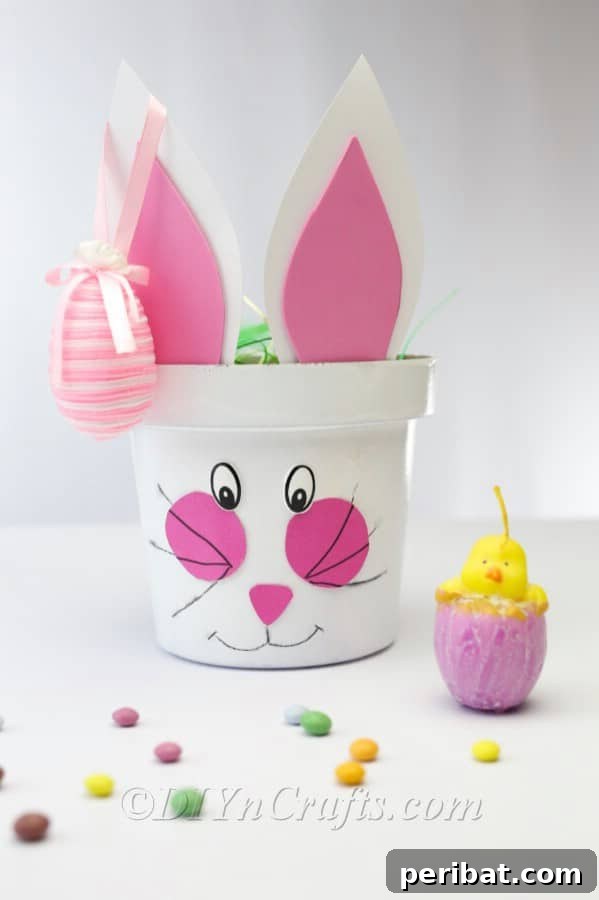 Close-up of the finished Easter bunny planter face