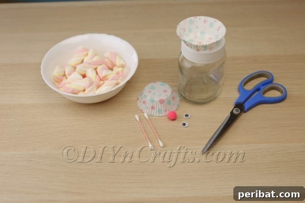 Step 1: Filling the Easter bunny jar with colorful candies