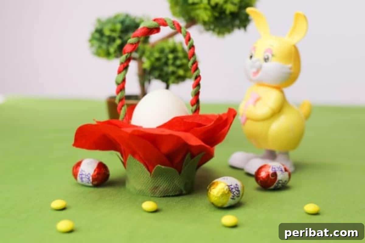 Blossoming Beauty: Craft Your Own Single Egg Easter Basket 3 Finished Easter Basket. A beautifully crafted single-egg Easter basket resembling a red flower with green sepals.