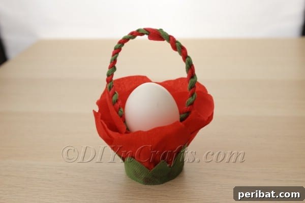 Blossoming Beauty: Craft Your Own Single Egg Easter Basket 26 Step 14: Final view of the beautiful flower Easter basket with an egg inside.