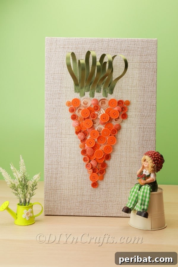 Whimsical Button Carrot Wall Art for Easter 14 Completed button carrot art ready for display.