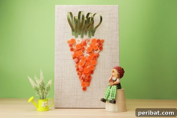 Finished DIY Easter button carrot wall art on display.
