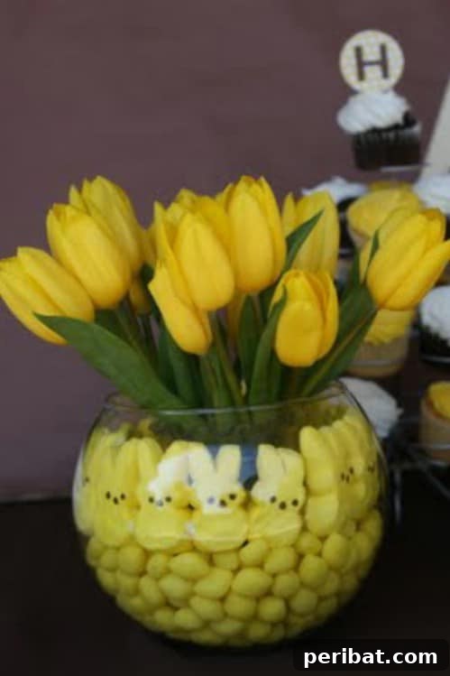 105 Creative DIY Easter Decor Ideas 28 Vibrant Tulip Bouquet with Marshmallow Peeps for Easter