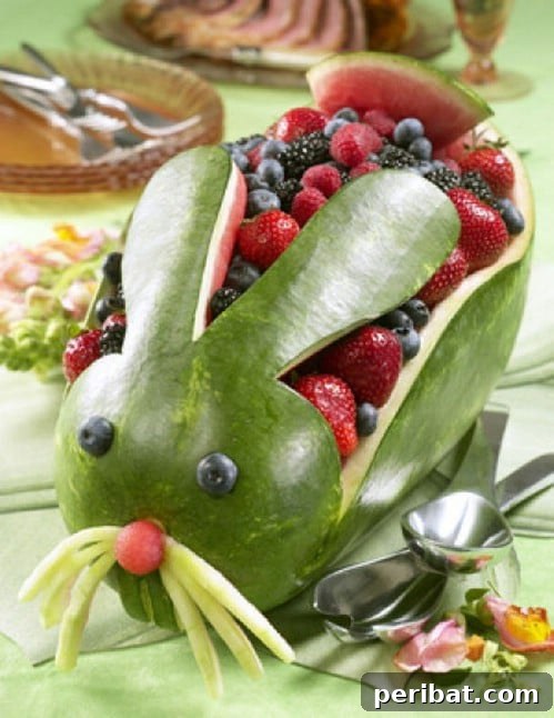 105 Creative DIY Easter Decor Ideas 29 Whimsical Watermelon Bunny Basket for Easter Fruit Display