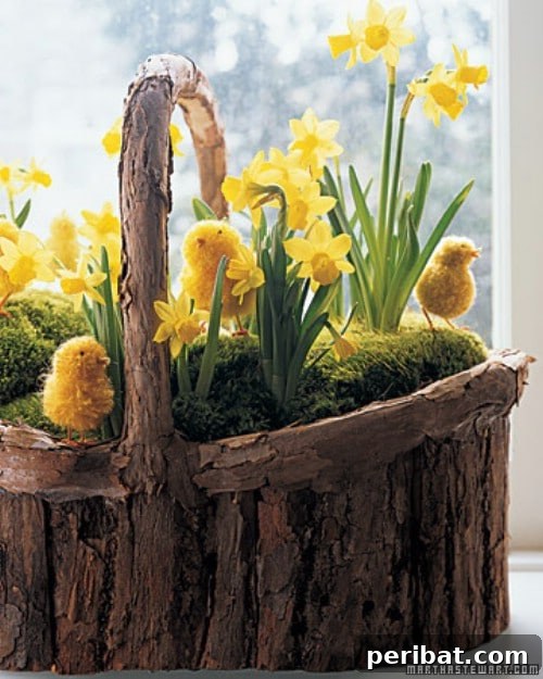 105 Creative DIY Easter Decor Ideas 74 Daffodils and Pom Pom Chicks Easter Basket Display