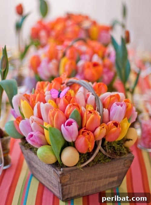 105 Creative DIY Easter Decor Ideas 88 Festive Easter Hunt Centerpiece with Tulips and Eggs