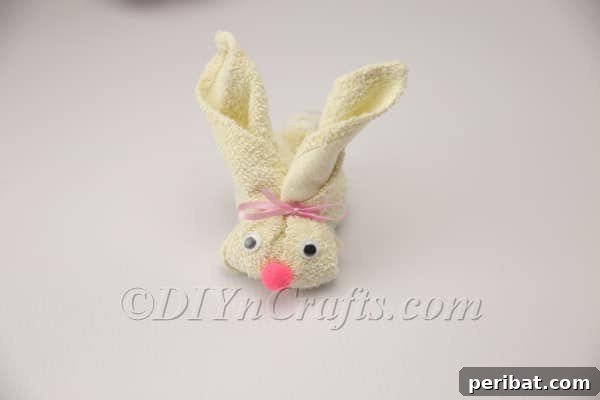Sweet Towel Bunnies: An Easy Easter DIY 12 The completed adorable Easter bunny made from a dish towel, ready for display.