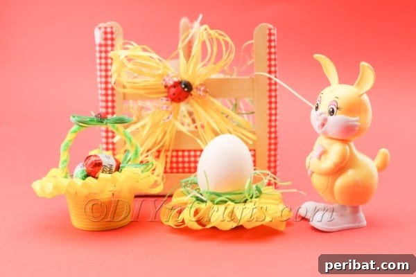 Two completed miniature Easter baskets with decorative elements