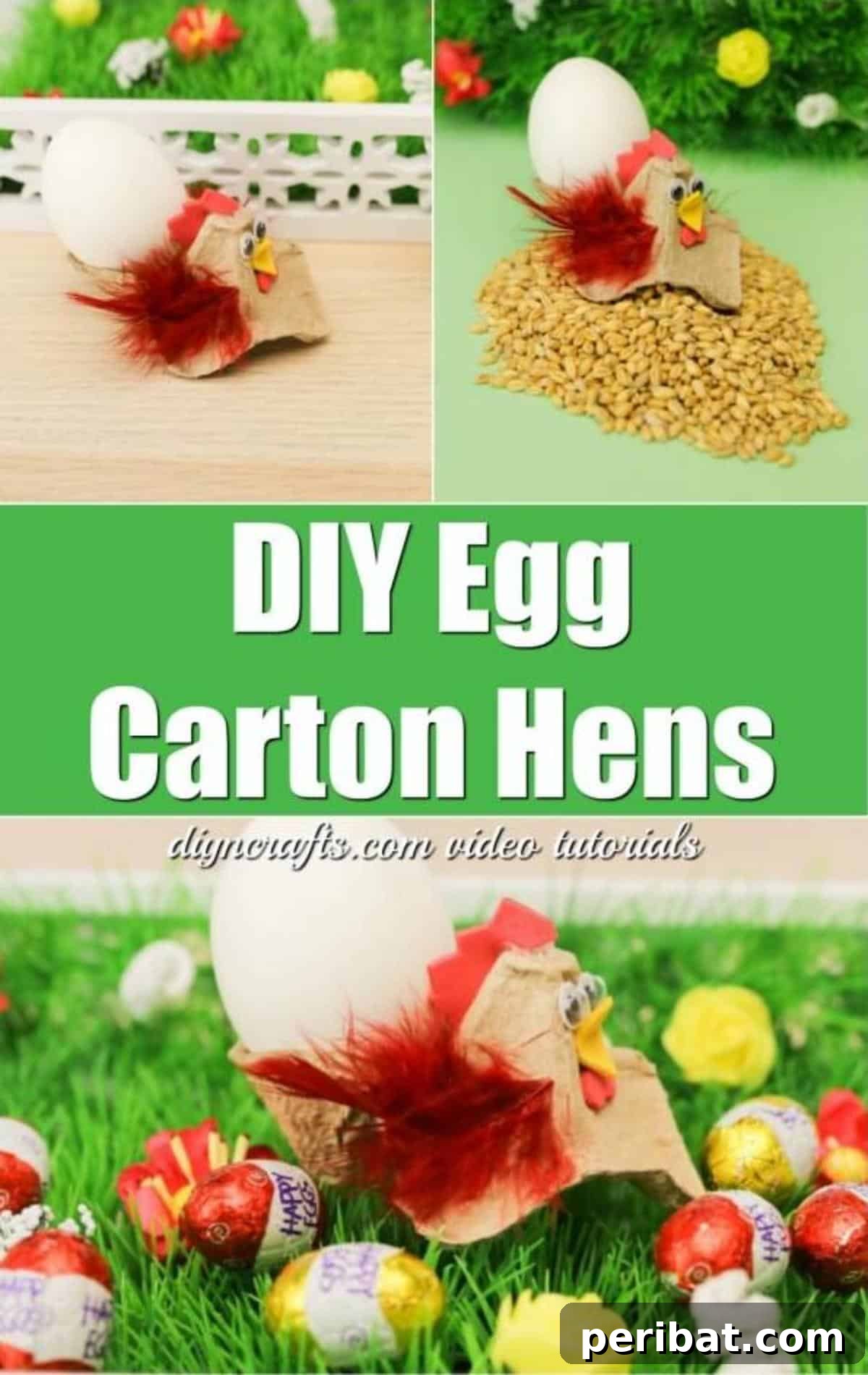 Craft Adorable Easter Hens from Egg Cartons 2 Cute Easter Hens crafted from upcycled egg cartons, holding eggs.