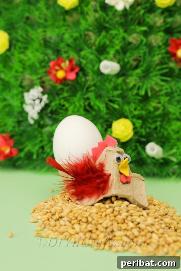 A close-up of the completed Easter hen craft, showcasing all its charming details.