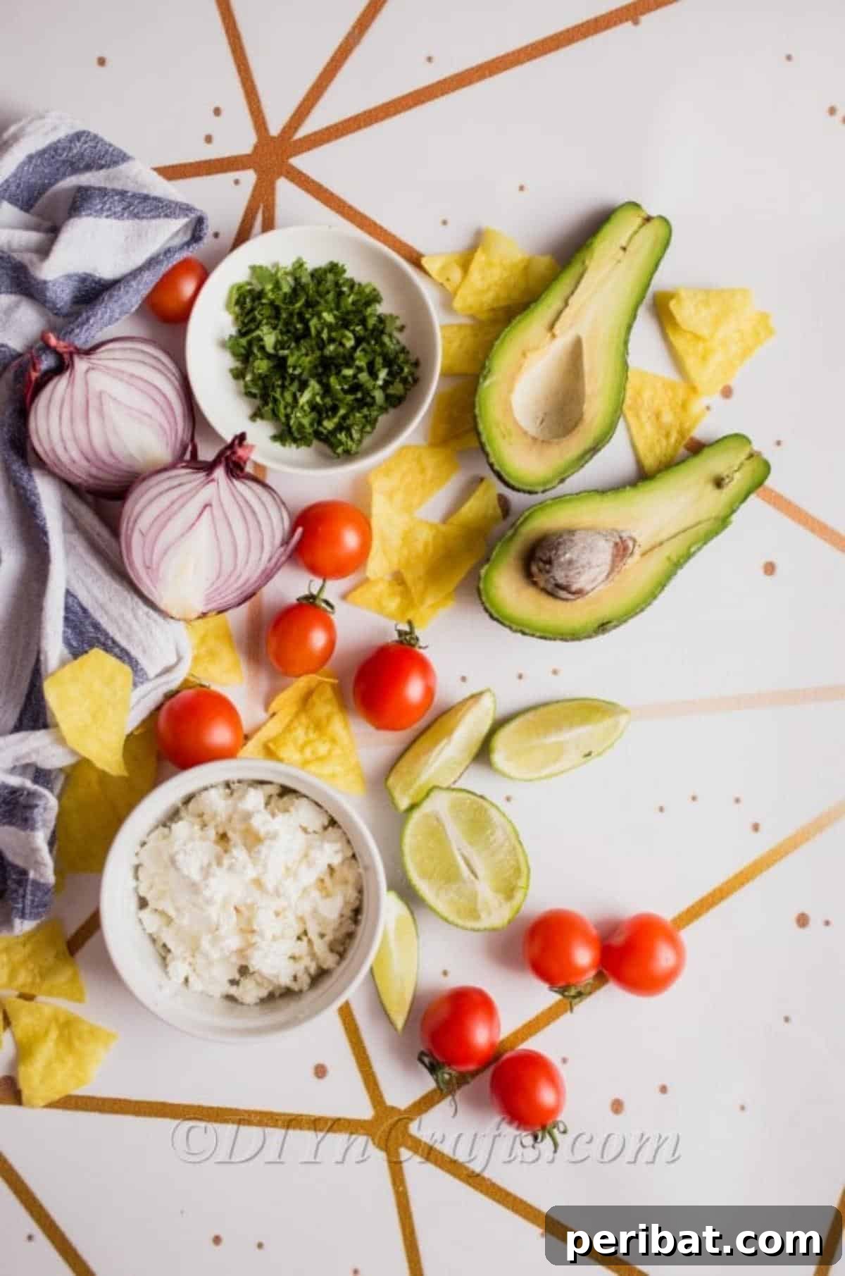 Mediterranean Avocado Feta Dip 4 Ingredients for avocado dip including avocados, tomatoes, red onion, cilantro, and feta cheese.