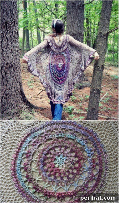 Circular Pattern Crochet Cardigan with colorful boho-inspired design