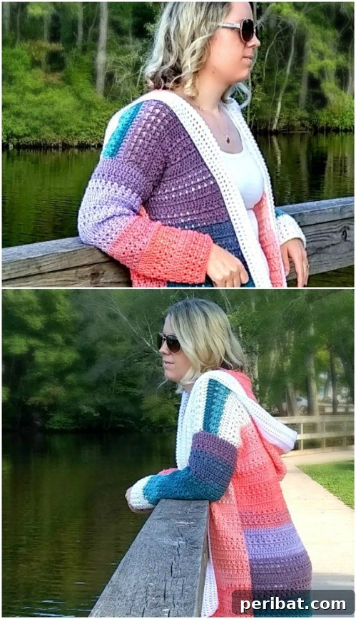 Simple Colorblock Crochet Cardigan in vibrant, transitioning colors