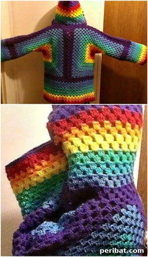 Hexagonal Pattern Hooded Crocheted Cardigan assembled from granny hexagons