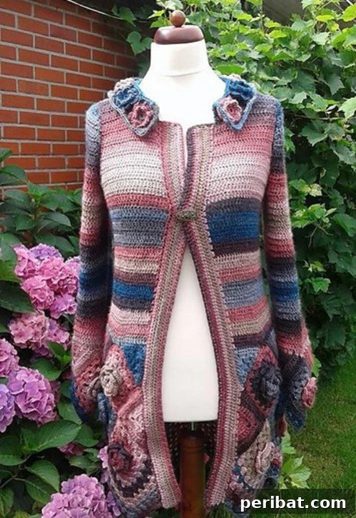 Crocheted Rose Bottom Cardigan featuring rose granny squares